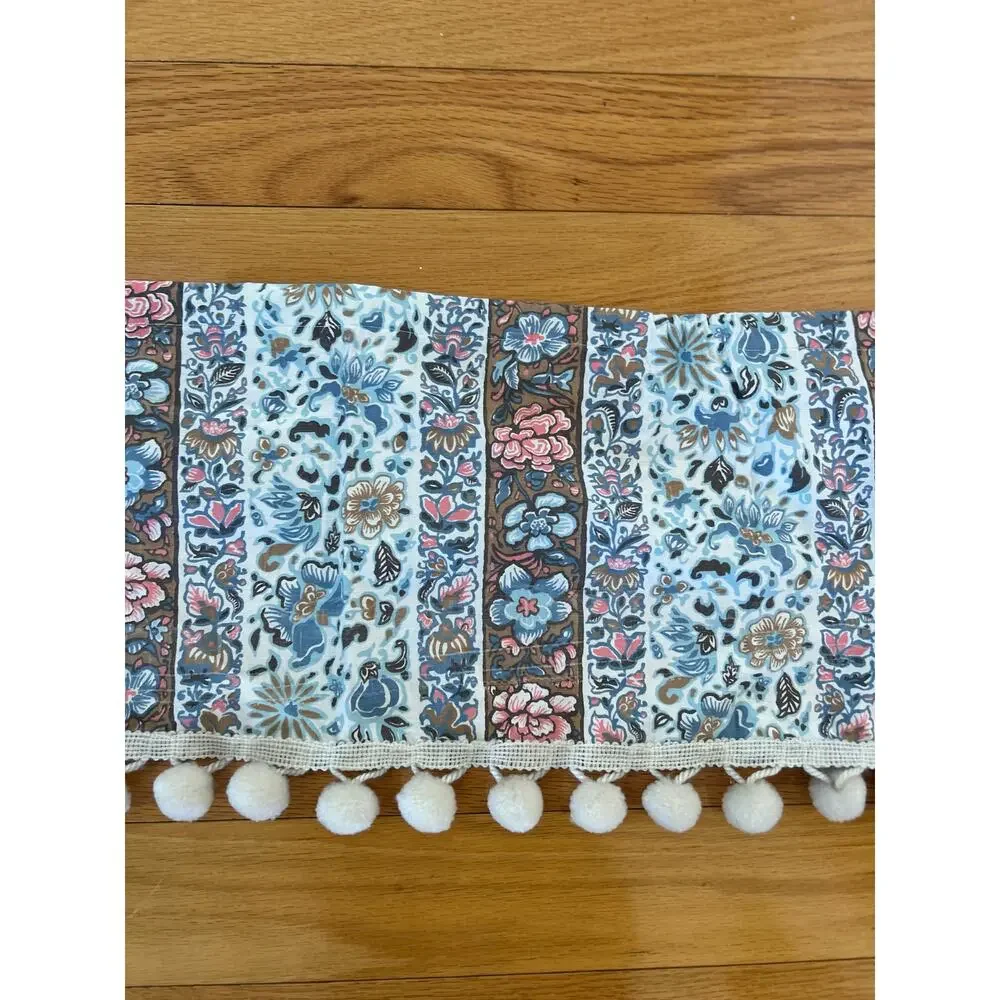 Handmade Pink Blue White Block Print Boho Floral Pom Pom Window Valance 34x11